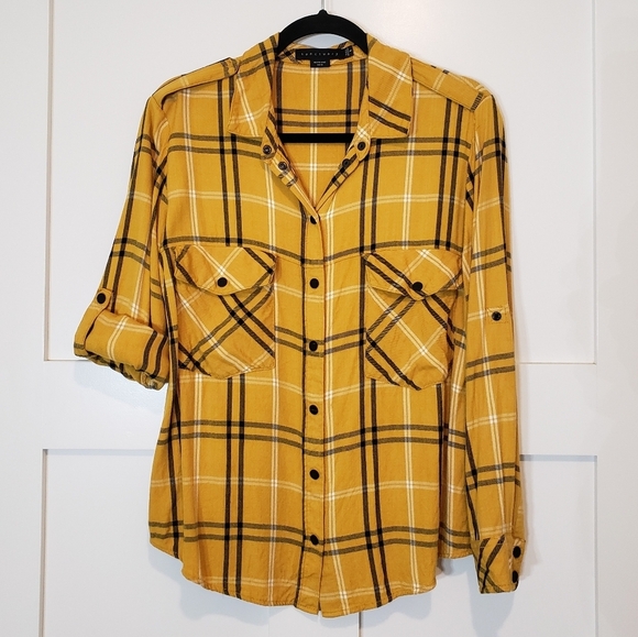 Sanctuary Tops - Sanctuary Plaid Boyfriend Light Flannel Snap Down Mustard Black White Si…